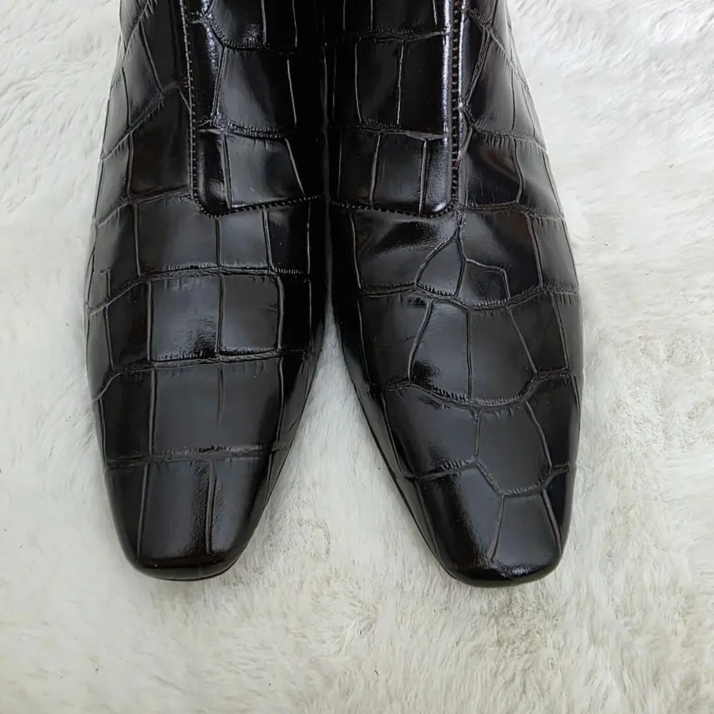 Madewell Dimes Coffee Bean Brown Croc Leather Chelsea Boot Kitten Heel Boots 8